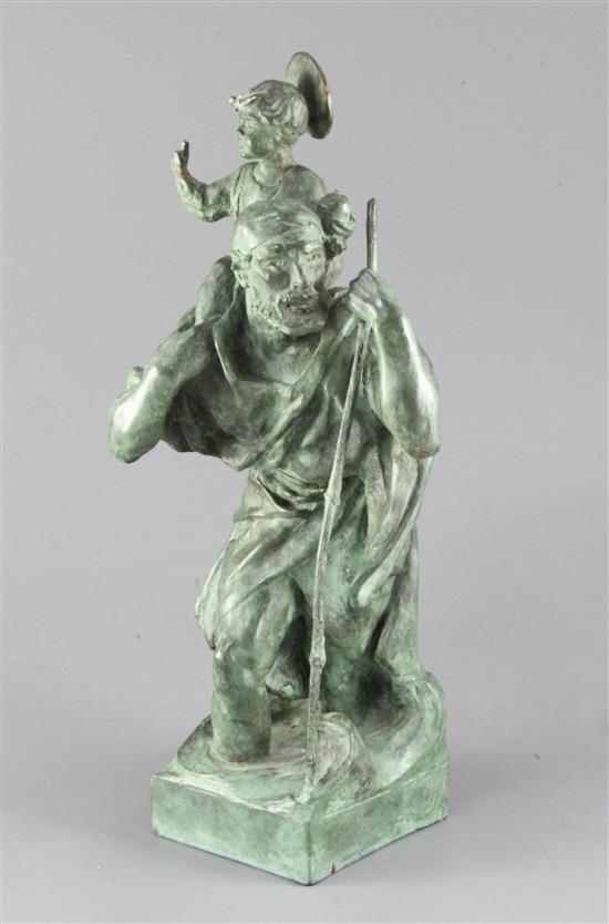 After Gilbert Bayes (1872-1953). A green patinated bronze of St Christopher height 16in.